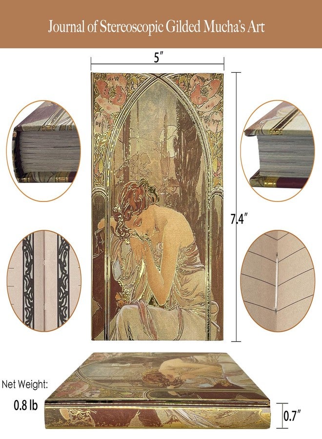 ipoul Fancy Notebook for Women, Gilded Journal Hardcover, 256 Full Color Pages, 5x7 Small Beautiful Journal, Alphonse Mucha Night's Rest, Art Gift for Her Personal Journal. - Image 4