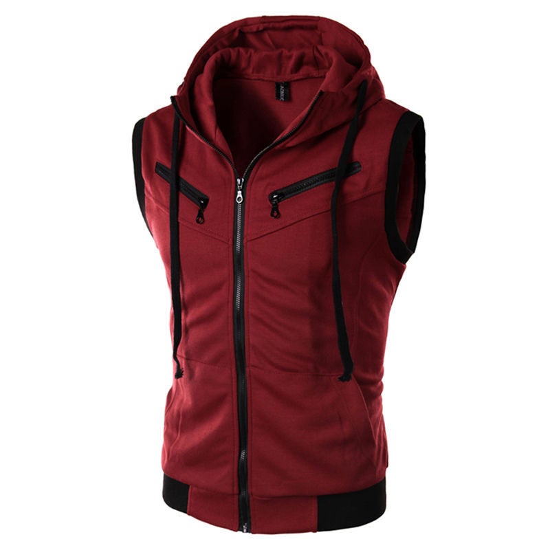 Mens Slim Knit Vest Sleeveless Hoodie Zip-up 1 wine red 