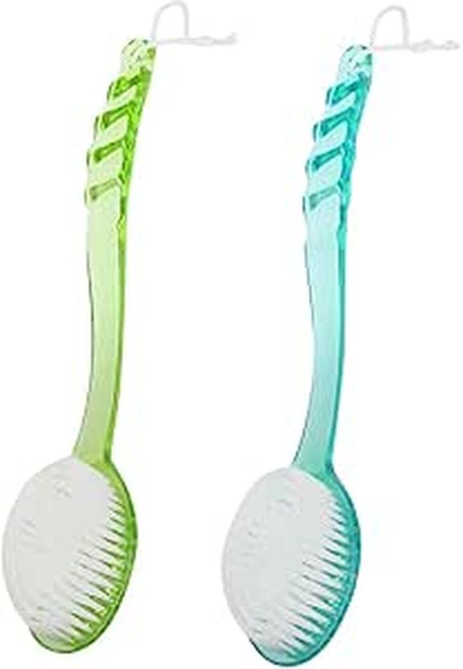 Long Handle Back Scrub Brush 2 Pack Blue Green Soft Bristles Exfoliating Shower - Image 1