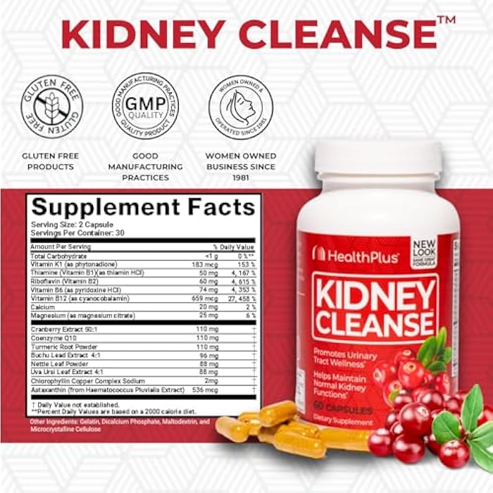 Health Plus Advanced Kidney Cleanse with Cranberry Extract, Turmeric Root and CoQ10, Helps Support Healthy Kidney Function & Urinary Tract Wellness, 60 Capsules - Image 2