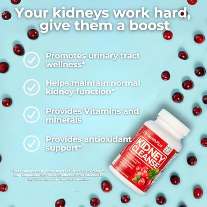 Health Plus Advanced Kidney Cleanse with Cranberry Extract, Turmeric Root and CoQ10, Helps Support Healthy Kidney Function & Urinary Tract Wellness, 60 Capsules - Image 3