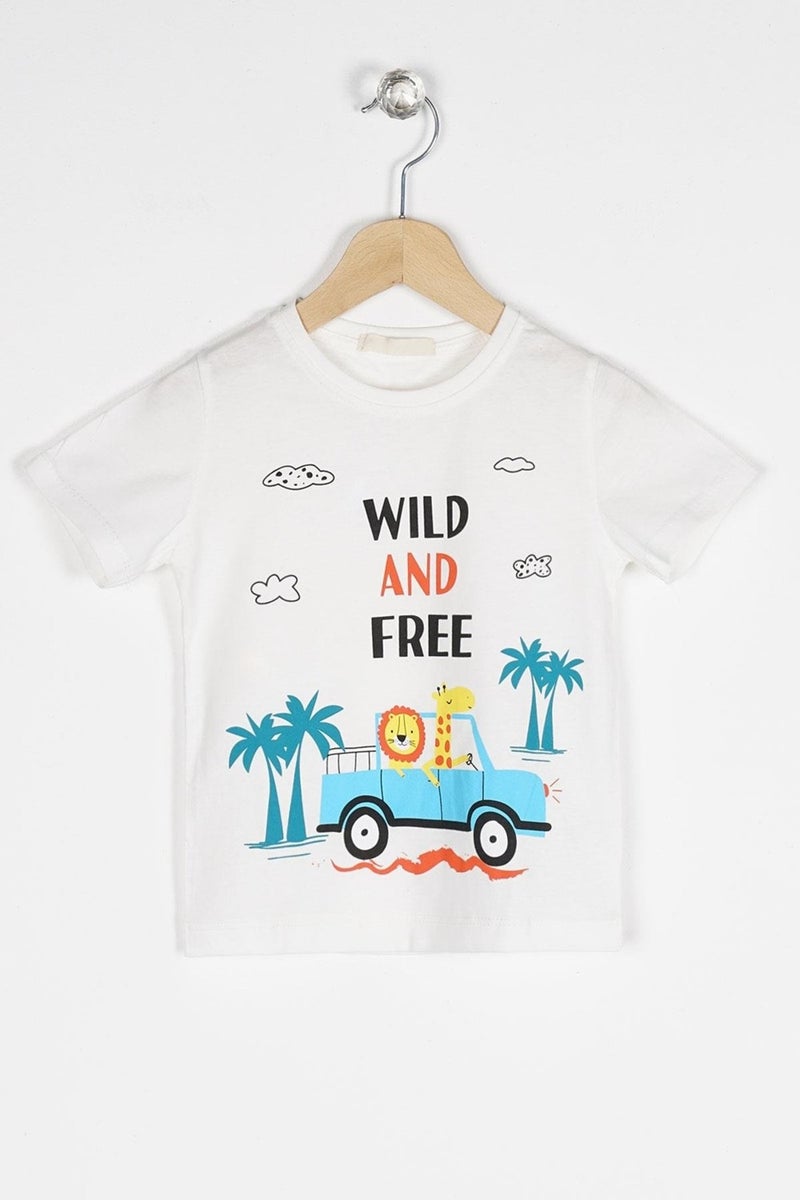 WEWE Crew Neck Short Sleeve Wild And Car Printed White Color Boy T-shirt  - Image 1