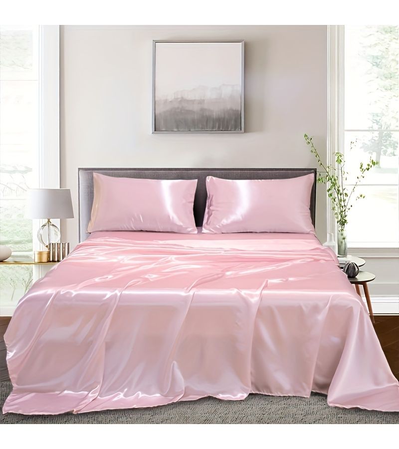 Full Pink Solid Color Satin Fitted Sheet Four Piece Bed Set Includes One Flat Sheet One Fitted Sheet A Pair Of Pillowcases For Full Size Bed - Image 1