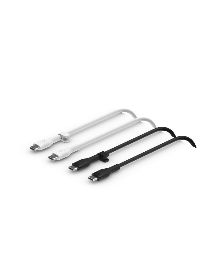 بيلكين كابل USB C من السيليكون BoostCharge Flex معتمد من USB IF، كابل شحن من نوع USB C إلى USB C لهاتف iPhone 15 وSamsung Galaxy S24 وiPad وMacBook Note Pixel more بطول 1 متر، عبوتان باللونين الأسود/الأبيض - Image 1