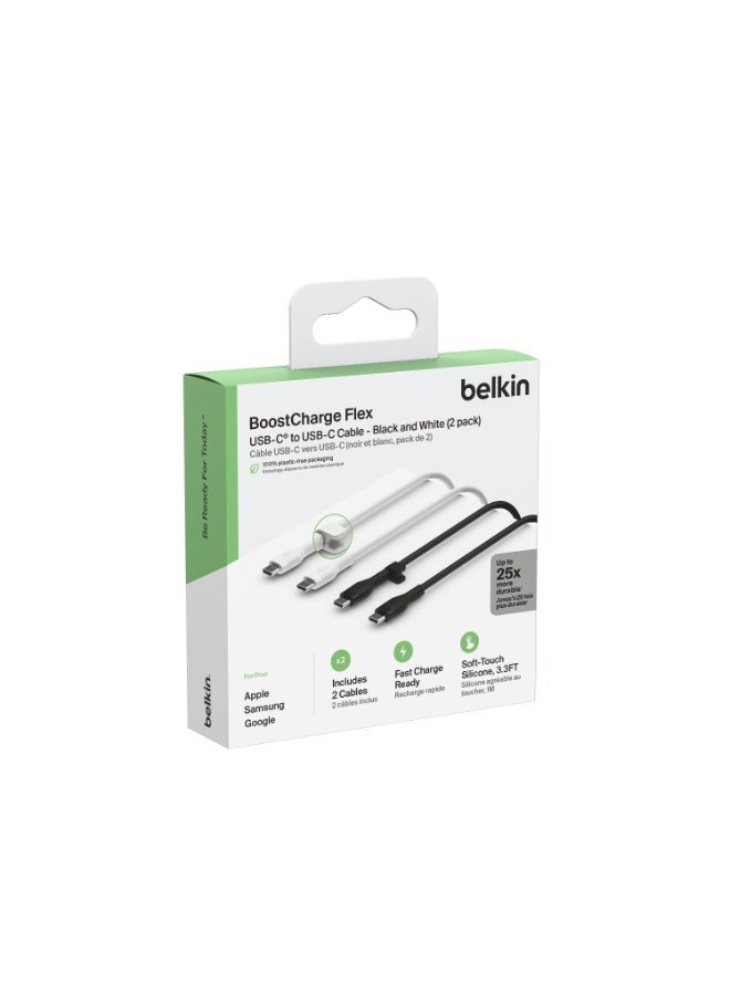 بيلكين كابل USB C من السيليكون BoostCharge Flex معتمد من USB IF، كابل شحن من نوع USB C إلى USB C لهاتف iPhone 15 وSamsung Galaxy S24 وiPad وMacBook Note Pixel more بطول 1 متر، عبوتان باللونين الأسود/الأبيض - Image 3