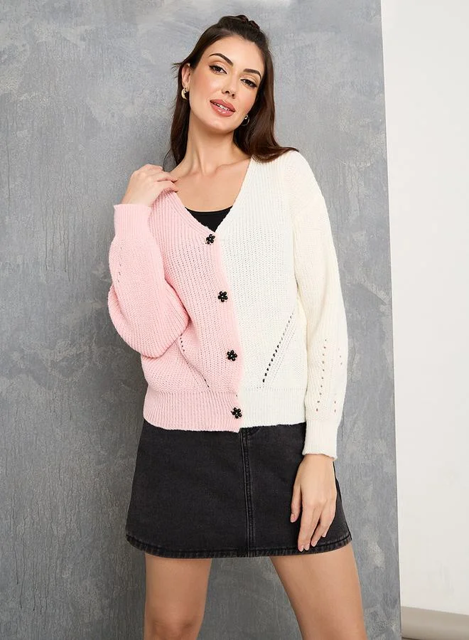 Take Two Colorblock Two Tone Buttons Detail Cardigan