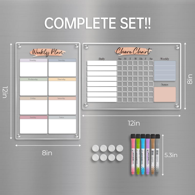 UNIQOOO Magnetic Dry Erase Acrylic Chore & Weekly Calendar Set for Fridge, Refrigerator Visual Color-Block Design with 6 Color Erasable Magnetic Markers, Ideal for Kitchen Meal Planner & Fmaily Work Task - Image 3