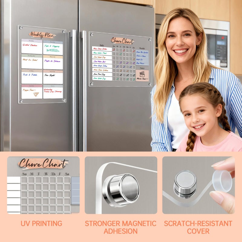 UNIQOOO Magnetic Dry Erase Acrylic Chore & Weekly Calendar Set for Fridge, Refrigerator Visual Color-Block Design with 6 Color Erasable Magnetic Markers, Ideal for Kitchen Meal Planner & Fmaily Work Task - Image 4