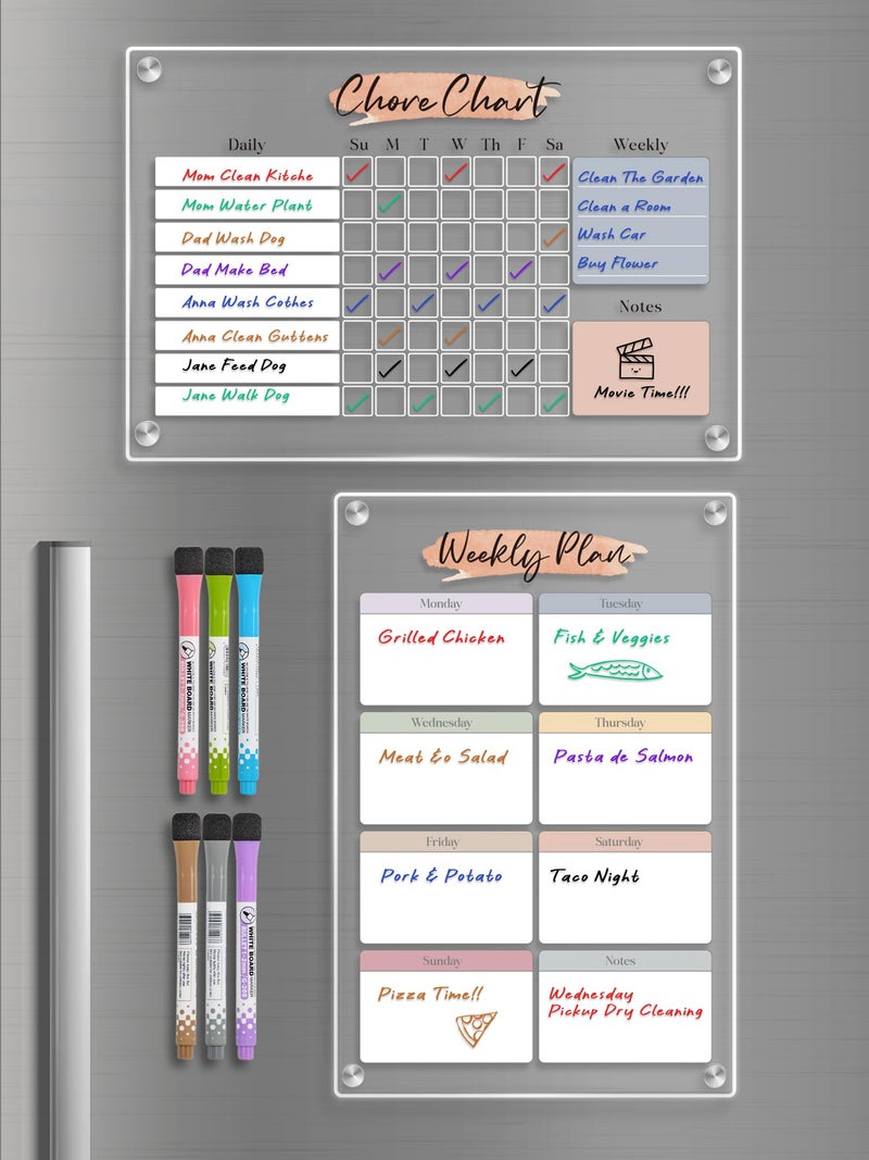 UNIQOOO Magnetic Dry Erase Acrylic Chore & Weekly Calendar Set for Fridge, Refrigerator Visual Color-Block Design with 6 Color Erasable Magnetic Markers, Ideal for Kitchen Meal Planner & Fmaily Work Task - Image 1