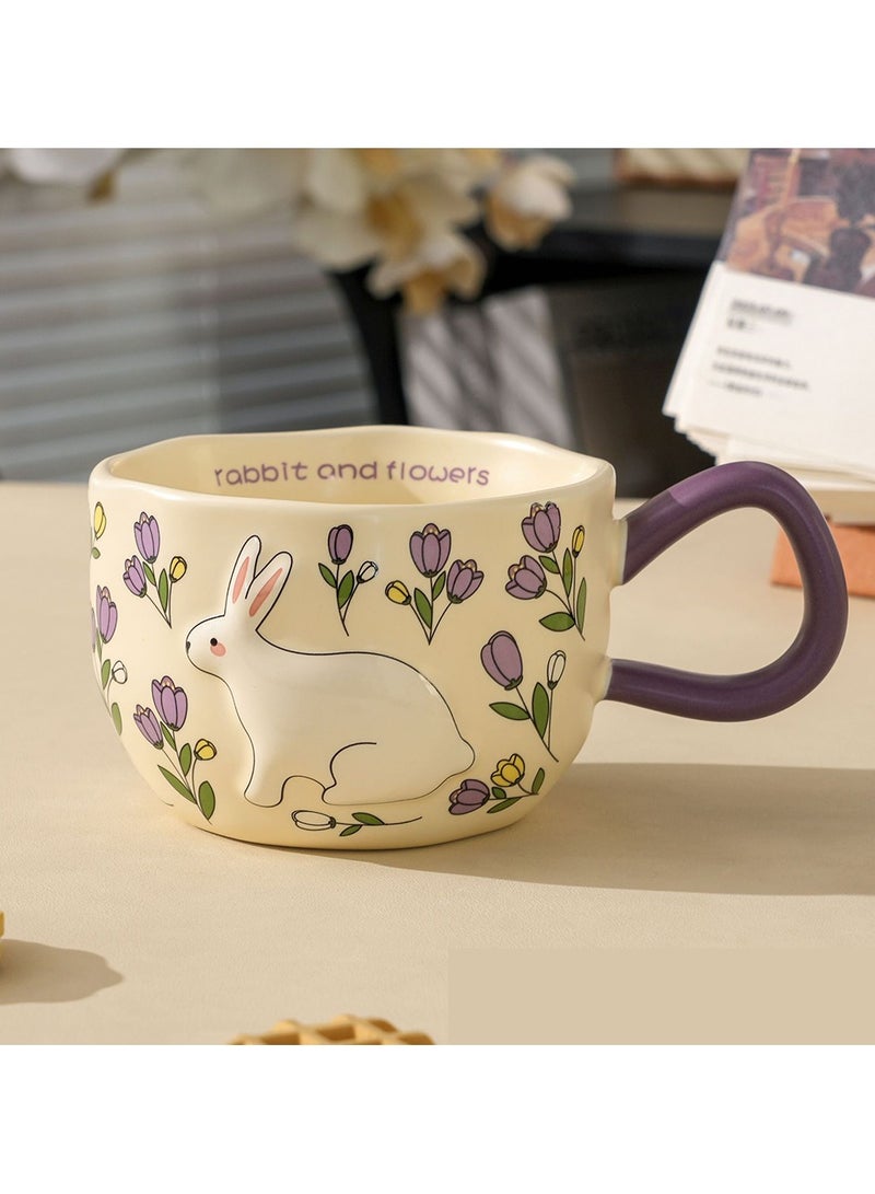 Porcelain Rabbit & Flowers Mug Purple 360ml Character Design Purple Handle Cream Body Coffee Tea Cup - Image 2