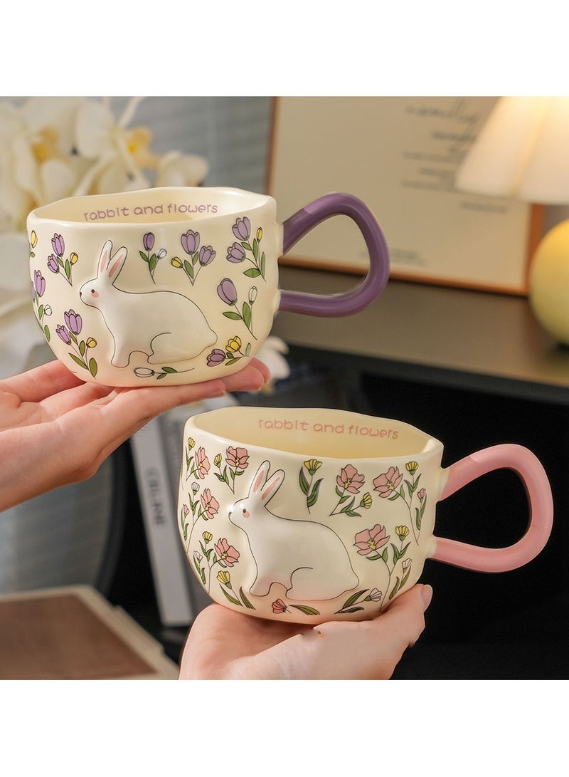 Porcelain Rabbit & Flowers Mug Purple 360ml Character Design Purple Handle Cream Body Coffee Tea Cup - Image 4