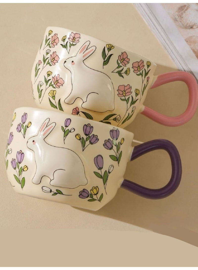Porcelain Rabbit & Flowers Mug Purple 360ml Character Design Purple Handle Cream Body Coffee Tea Cup - Image 3