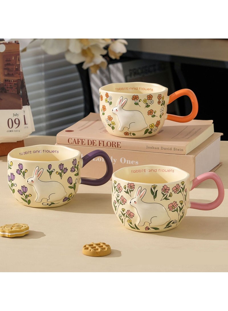 Porcelain Rabbit & Flowers Mug Purple 360ml Character Design Purple Handle Cream Body Coffee Tea Cup - Image 5