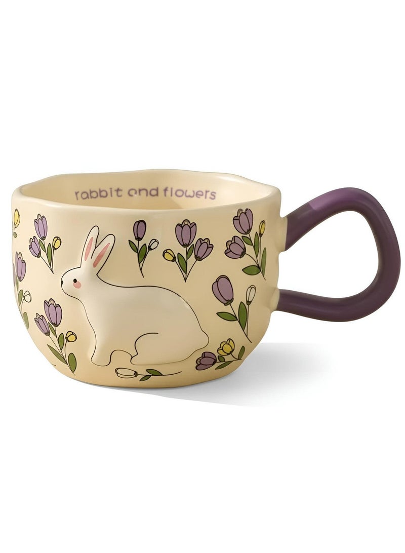 Porcelain Rabbit & Flowers Mug Purple 360ml Character Design Purple Handle Cream Body Coffee Tea Cup - Image 1