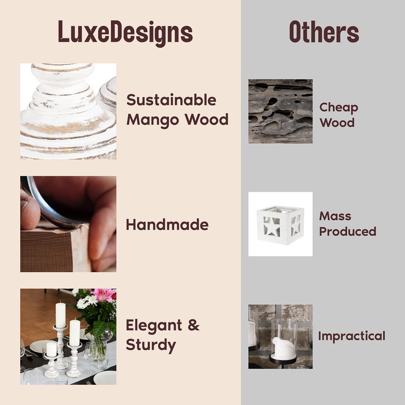 Luxe Designs Large Candle Holders for Pillar Candles - Rustic Farmhouse Style Home Decor - Perfect for Table Centerpieces, Coffee Table or Fireplace Mantel - 3 Piece Set - White - Image 2