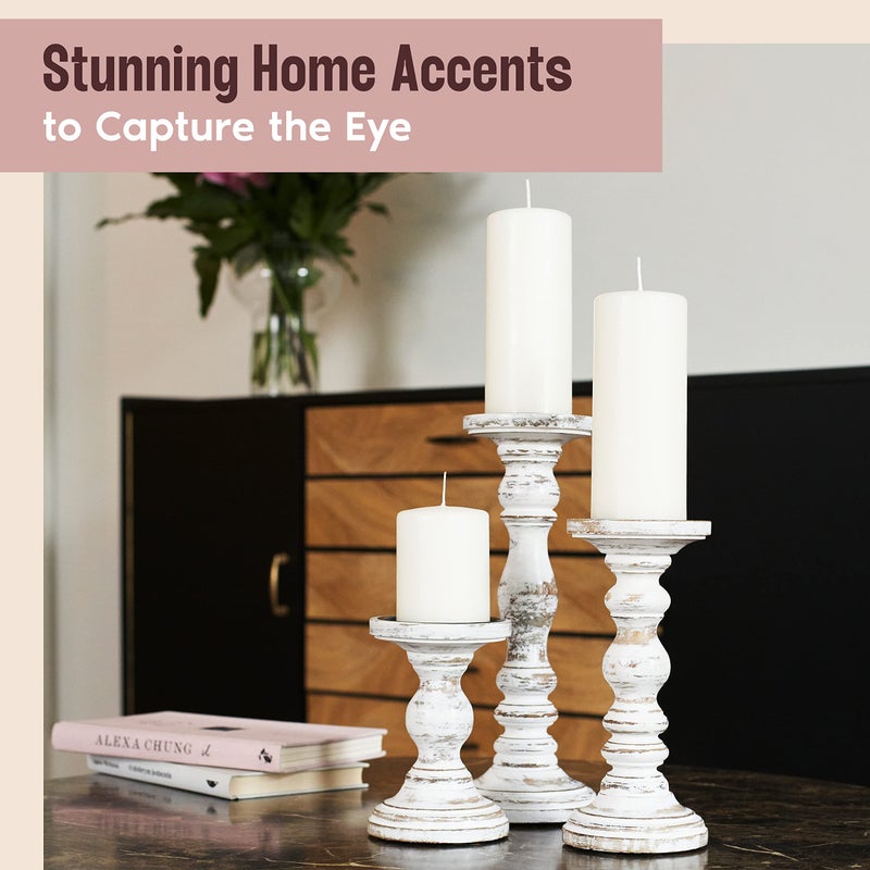 Luxe Designs Large Candle Holders for Pillar Candles - Rustic Farmhouse Style Home Decor - Perfect for Table Centerpieces, Coffee Table or Fireplace Mantel - 3 Piece Set - White - Image 4