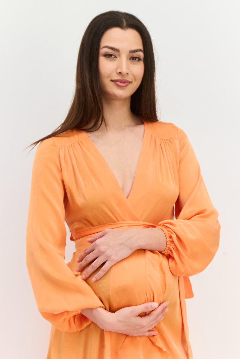 Flounce London Maternity Solid Wrap Dress, Orange - Image 2
