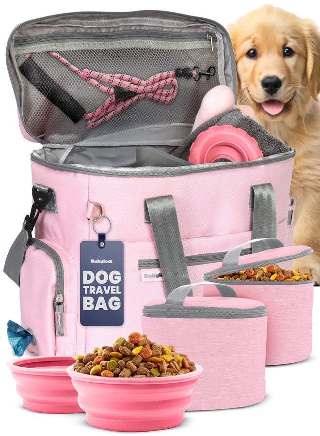 rubyloo The Original Doggy Bag™- Dog Travel Bag for Supplies - Ultimate Gift for Dog Moms & Dads, Doggy Lovers & Pet Owners for Christmas- Includes 2 BPA-Free Travel Bowls and 2 Food Containers: Lt. Pink - Image 1