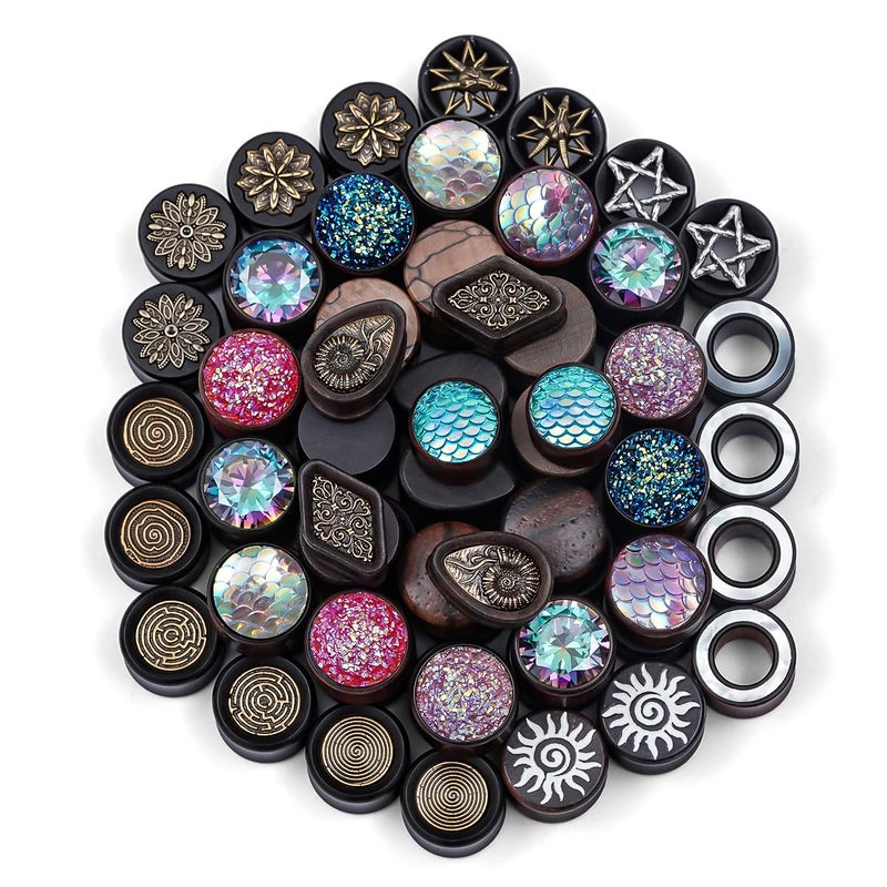 TBOSEN 20 PCS Stainless Steel | Wood Random Colors Ear Gauges Tunnels Plugs Body Piercing Lucky Bag 10 Pairs Total 2g-1 inch - Image 1