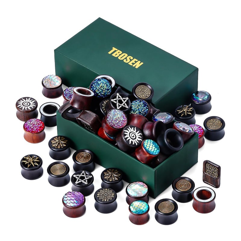 TBOSEN 20 PCS Stainless Steel | Wood Random Colors Ear Gauges Tunnels Plugs Body Piercing Lucky Bag 10 Pairs Total 2g-1 inch - Image 4