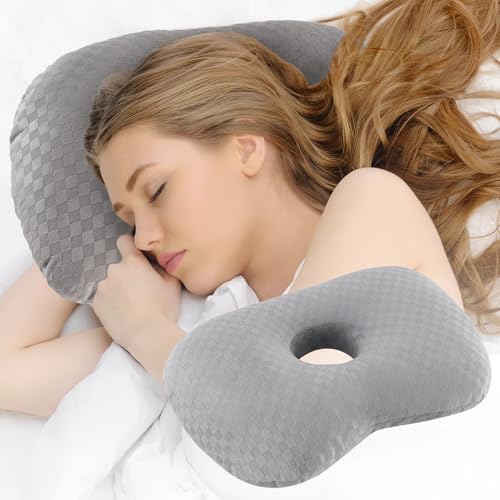 Wuronsa Ear Piercing Pillow with an Ear Hole, Cotton and Polyester Side Sleeping Pillow for CNH and Ear Pain Ear Inflammation Pressure Sores for Side Sleepers, Ear Guard Pillow (Light Grey) - Image 1