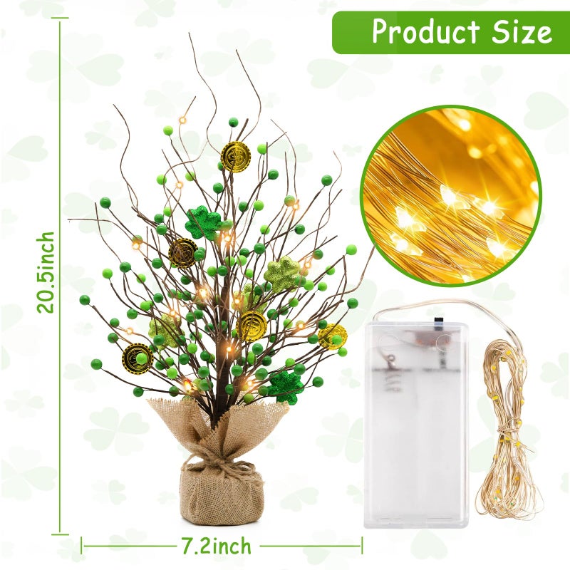 CRCZK St Patricks Day Artificial Tree Decorations St.Patricks Day Decorations St Patricks Day Tabletop Centerpieces 20" H Saint Patricks Day Lighted Tree with 20 LEDs, Shamrock&Gold Coins Irish Decor - Image 4