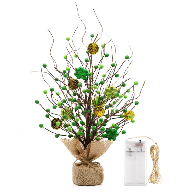 CRCZK St Patricks Day Artificial Tree Decorations St.Patricks Day Decorations St Patricks Day Tabletop Centerpieces 20" H Saint Patricks Day Lighted Tree with 20 LEDs, Shamrock&Gold Coins Irish Decor - Image 1