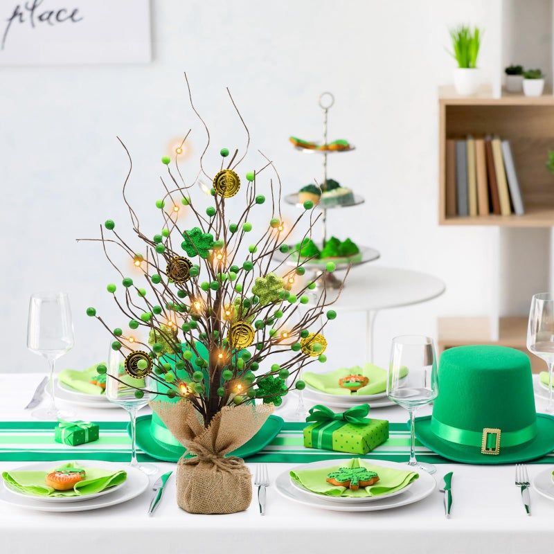 CRCZK St Patricks Day Artificial Tree Decorations St.Patricks Day Decorations St Patricks Day Tabletop Centerpieces 20" H Saint Patricks Day Lighted Tree with 20 LEDs, Shamrock&Gold Coins Irish Decor - Image 2