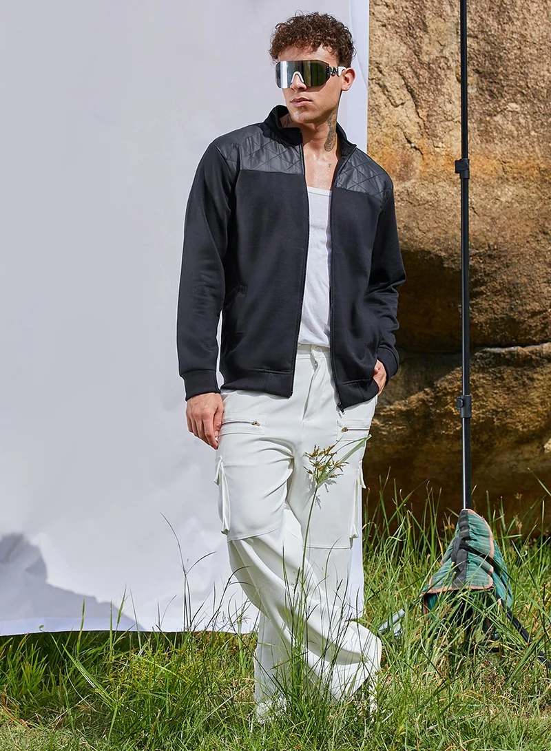 Campus Sutra Men's Black Zip-Front Jacket With Quilted Detail