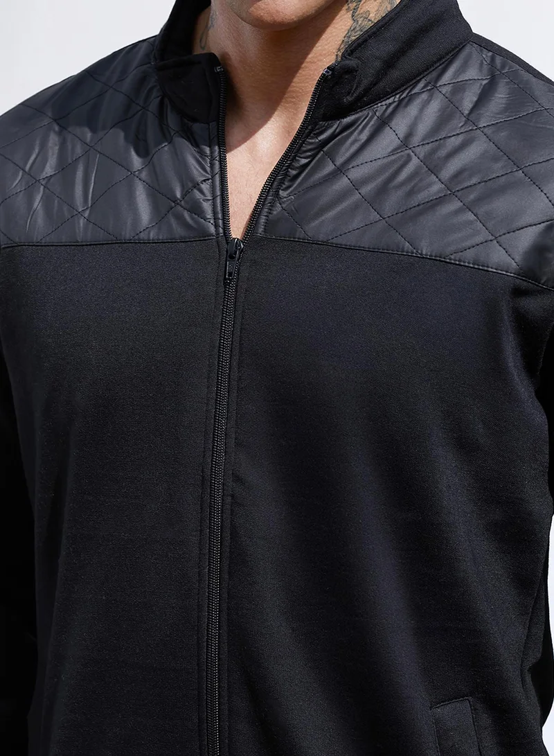 Campus Sutra Men's Black Zip-Front Jacket With Quilted Detail