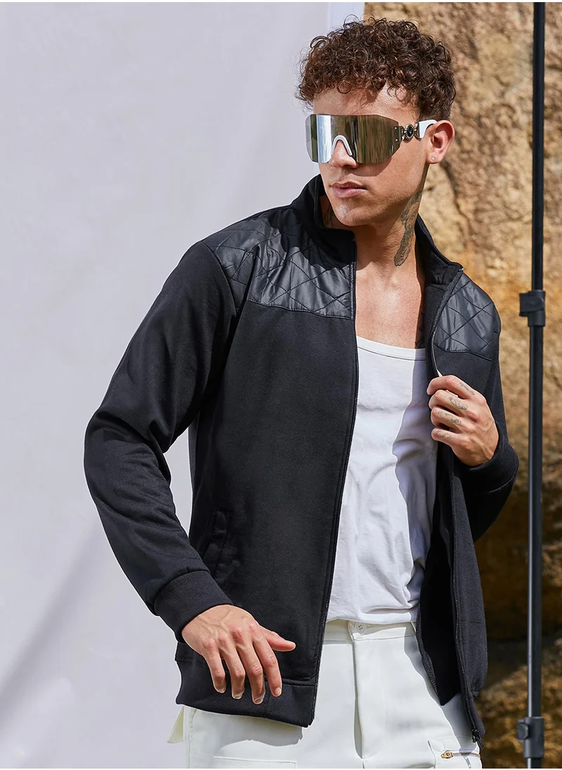Campus Sutra Men's Black Zip-Front Jacket With Quilted Detail