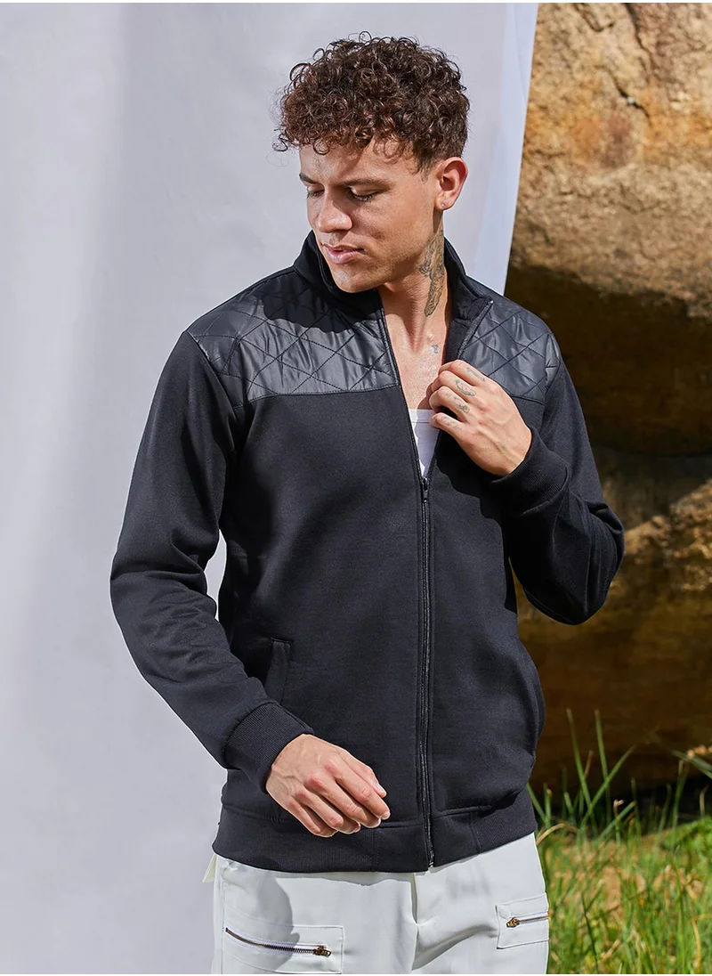 Campus Sutra Men's Black Zip-Front Jacket With Quilted Detail