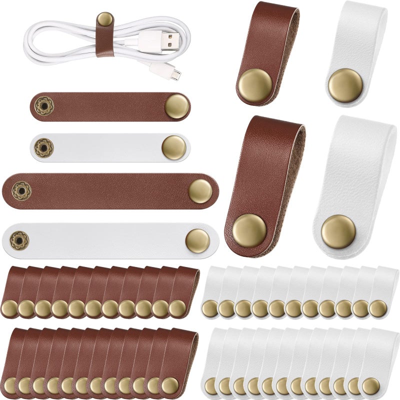 Weewooday 52 Pieces PU Leather Cable Straps Earbud Cord Organizer PU Leather Handmade Portable USB Cord Holder Earphone Cable Tie Cable Management for Travel Home School Office Beige Chestnut Brown