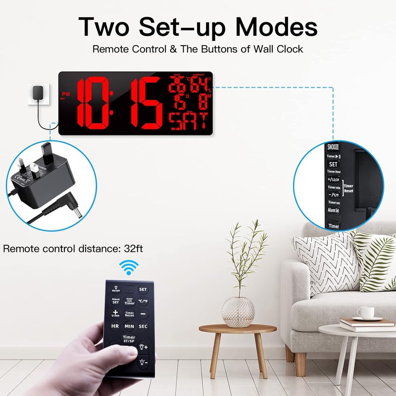 إكسريكسس ساعة جدارية رقمية كبيرة من نوع بحجم 18 بوصة، مزودة بجهاز تحكم عن بعد، ساعات جدارية LED كبيرة، مع مؤقت للعد لأعلى/لأسفل، ساعة تنبيه بتعتيم تلقائي مع عرض لليوم/التاريخ/درجة الحرارة/الرطوبة/التوقيت الصيفي، مناسبة لغرف المعيشة والصالة الرياضية والفصول الدراسية - Image 5