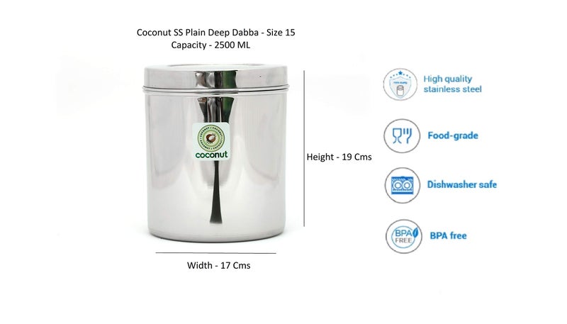 coconut Stainless Steel Storage Containers for Kitchen | Deep Dabba for Stroing Tea, Coffe and Pulses | Mutipurpose Canisters Ubha Dabba | Set of 1 | 3.5 Litre - Image 2