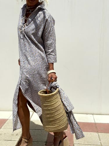 utcoco Womens 2026 Shirt Dress Casual Lapel 3/4 Sleeve Button Down Split Belted Vacation Maxi Dress (X-Large, Grey Diamond) - Image 4