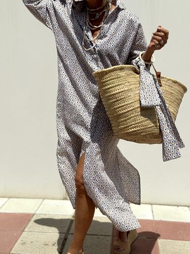 utcoco Womens 2026 Shirt Dress Casual Lapel 3/4 Sleeve Button Down Split Belted Vacation Maxi Dress (X-Large, Grey Diamond) - Image 5