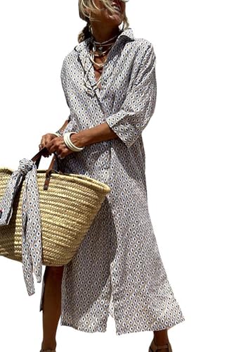 utcoco Womens 2026 Shirt Dress Casual Lapel 3/4 Sleeve Button Down Split Belted Vacation Maxi Dress (X-Large, Grey Diamond) - Image 1