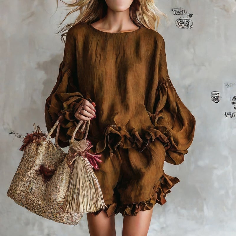 Fashionable Loose Lantern Sleeve Top with Ruffled Shorts Two-Piece Set - Image 3