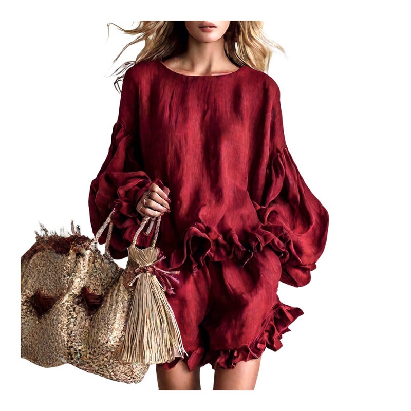 Fashionable Loose Lantern Sleeve Top with Ruffled Shorts Two-Piece Set - Image 1