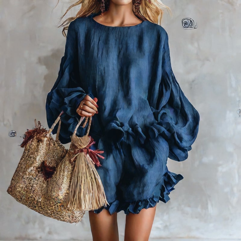 Fashionable Loose Lantern Sleeve Top with Ruffled Shorts Two-Piece Set - Image 2