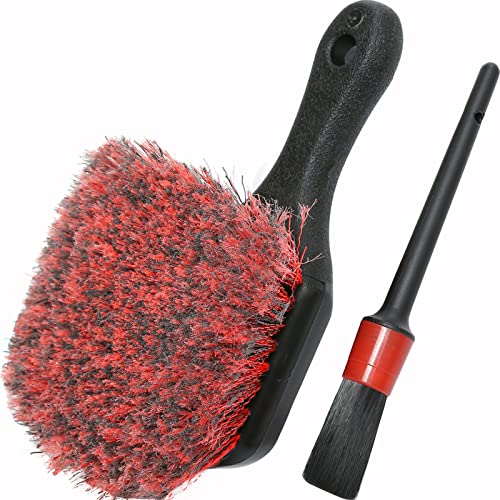 TAKAVU Short Handle Wheel Tire Brush (Soft Bristle) & Included Detail Brush - Car Cleaning Kit for Rims, Tires, Interior Vents, Emblems - Scratch-Safe - Image 1