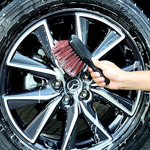 TAKAVU Short Handle Wheel Tire Brush (Soft Bristle) & Included Detail Brush - Car Cleaning Kit for Rims, Tires, Interior Vents, Emblems - Scratch-Safe - Image 5