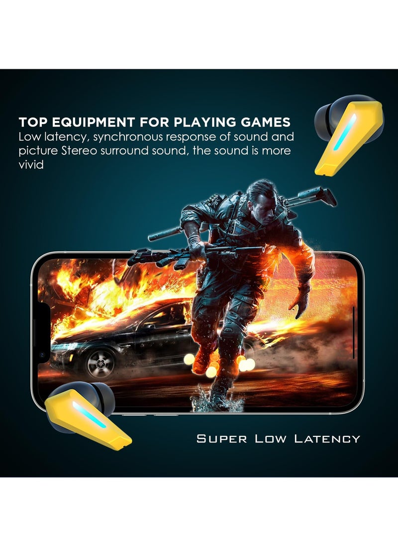 ARNOTEC - M5 Gaming TWS Earbuds, with 18 Hours Music Playtime, Bluetooth 5.2, Environmental Noise Cancellation, Type-C Fast Charging, 10mm Bass Drivers, IPX4 Sweat & Waterproof(Yellow) - Image 1