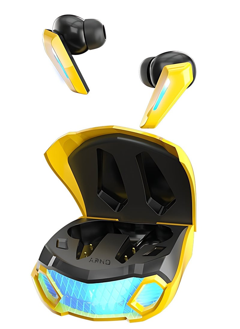 ARNOTEC - M5 Gaming TWS Earbuds, with 18 Hours Music Playtime, Bluetooth 5.2, Environmental Noise Cancellation, Type-C Fast Charging, 10mm Bass Drivers, IPX4 Sweat & Waterproof(Yellow) - Image 1