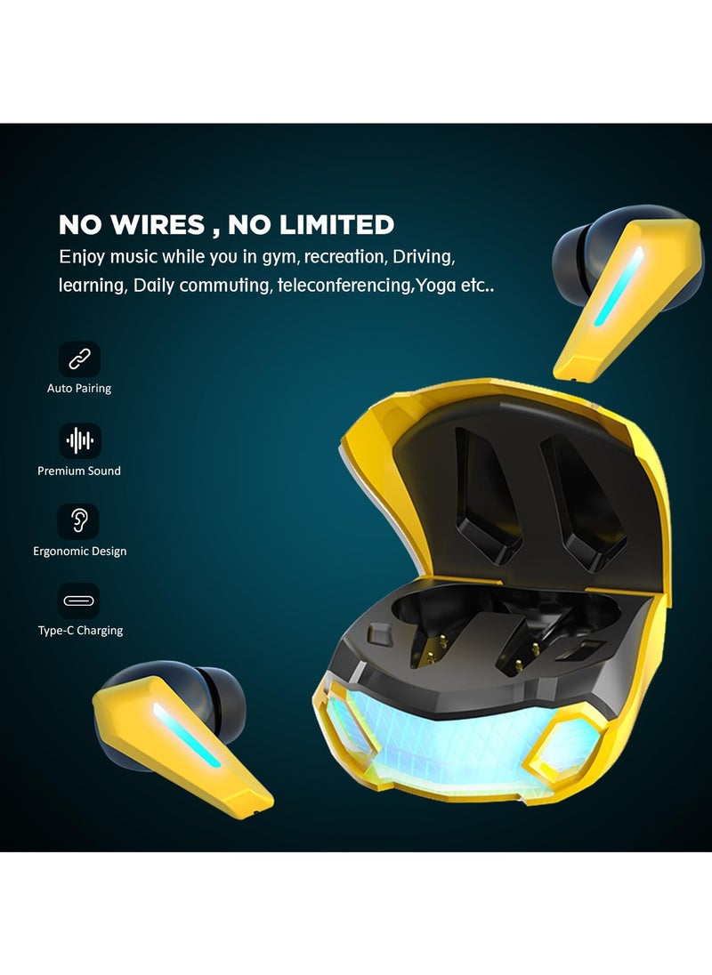 ARNOTEC - M5 Gaming TWS Earbuds, with 18 Hours Music Playtime, Bluetooth 5.2, Environmental Noise Cancellation, Type-C Fast Charging, 10mm Bass Drivers, IPX4 Sweat & Waterproof(Yellow) - Image 1