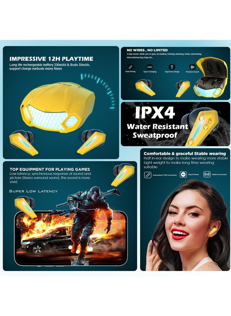 ARNOTEC - M5 Gaming TWS Earbuds, with 18 Hours Music Playtime, Bluetooth 5.2, Environmental Noise Cancellation, Type-C Fast Charging, 10mm Bass Drivers, IPX4 Sweat & Waterproof(Yellow) - Image 1