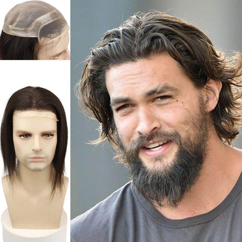 Voloria 12" Long Hair Men's Toupee 100% Virgin Human Hair Replacement System for Men 10"x8" Base Size Natural Black Color