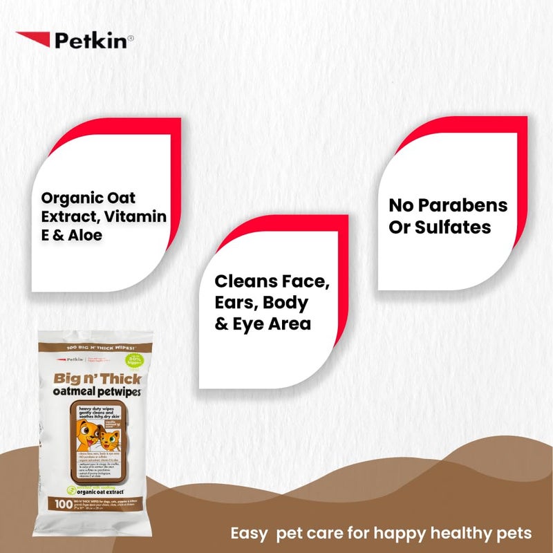 Petkin Pet Wipes for Dogs and Cats, Oatmeal, 100 Wipes (Large) for Dogs and Cats - Soothes Itchy Dry Skin and Cleans Ears, Face, Butt, Body and Eye Area - Idea for Home and Travel - Image 2