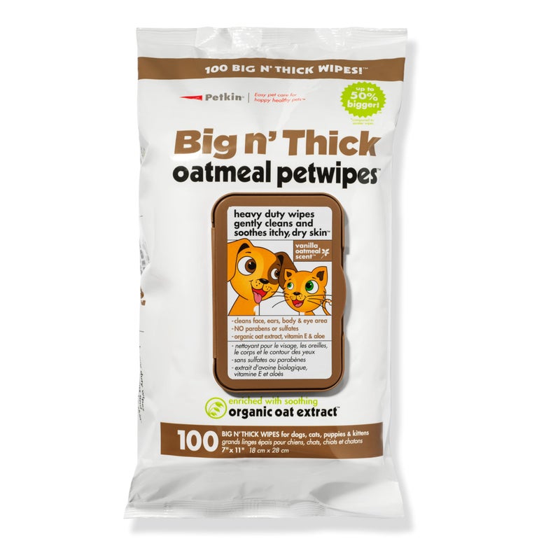 Petkin Pet Wipes for Dogs and Cats, Oatmeal, 100 Wipes (Large) for Dogs and Cats - Soothes Itchy Dry Skin and Cleans Ears, Face, Butt, Body and Eye Area - Idea for Home and Travel - Image 1